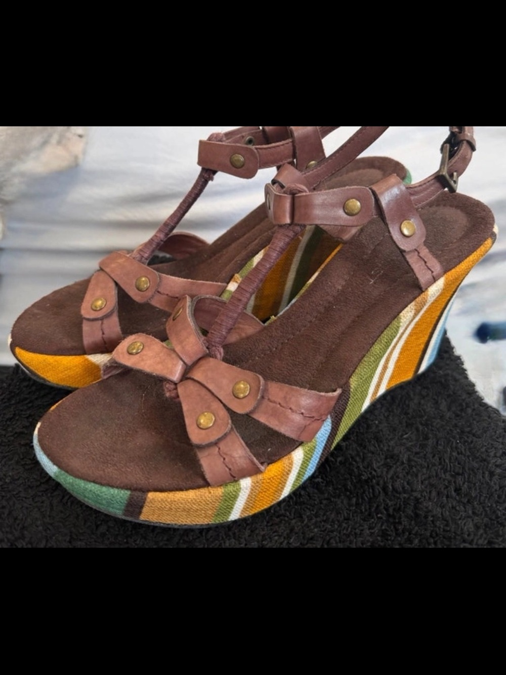 Nine West Brown Leather T-Strap Wedges with Multicolor Striped Platform
